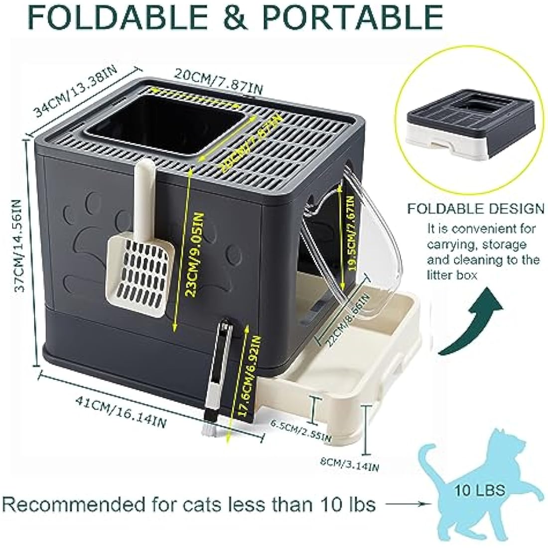 Pawsayes Cat Litter Tray Litter box with Lid for Medium and Small Cats, Foldable Top Entry Kitten Litter Box with Drawer Pan and Scoop