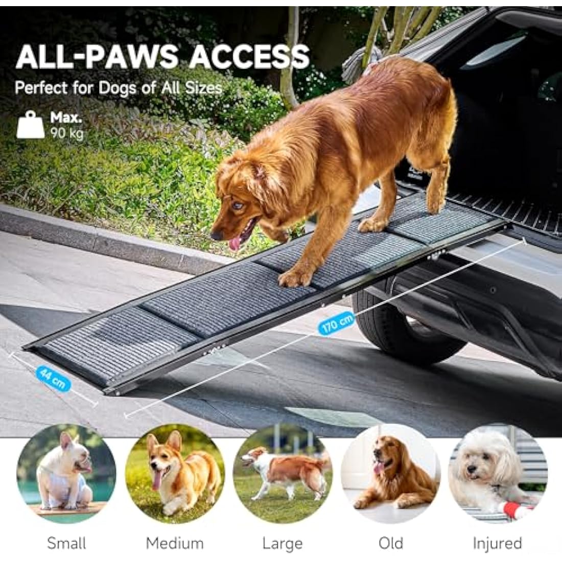 CO-Z Dog Ramp for Car, 170 cm Folding Pet Ramp for Large Dogs up to 90 kg with Non-Slip Rug Surface, Portable Dog Pet Stairs for Car SUV Truck Bed Sofa, Indoor and Outdoor Use