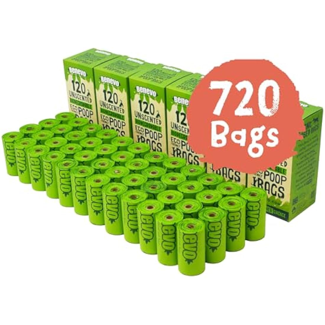 Benevo Biodegradable poop bags (720pk). Compostable doggy poo bags. Plastic free disposable waste eco bags. EN13432 certified cornstarch green doggie bags. (6 Pack (720 bags))