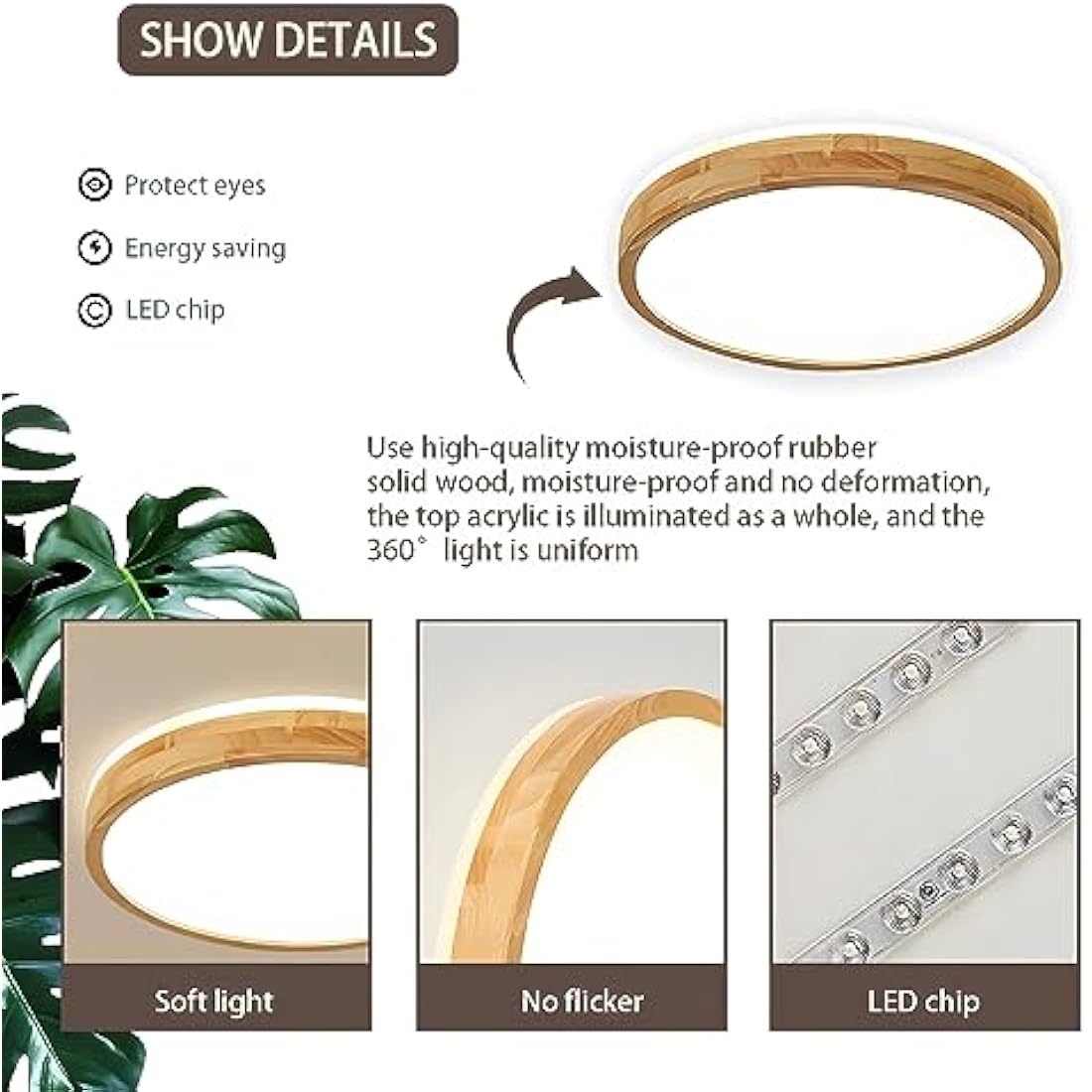 WayLuoung Wooden LED Ceiling Light | Ø30cm 3000K 1620Lm 18W | Round Top 360° Glow Natural Wood Ceiling Lamp, Bedroom, Living Room, Children's Room, Kitchen, Dining Room, Home, Office (Warm White)