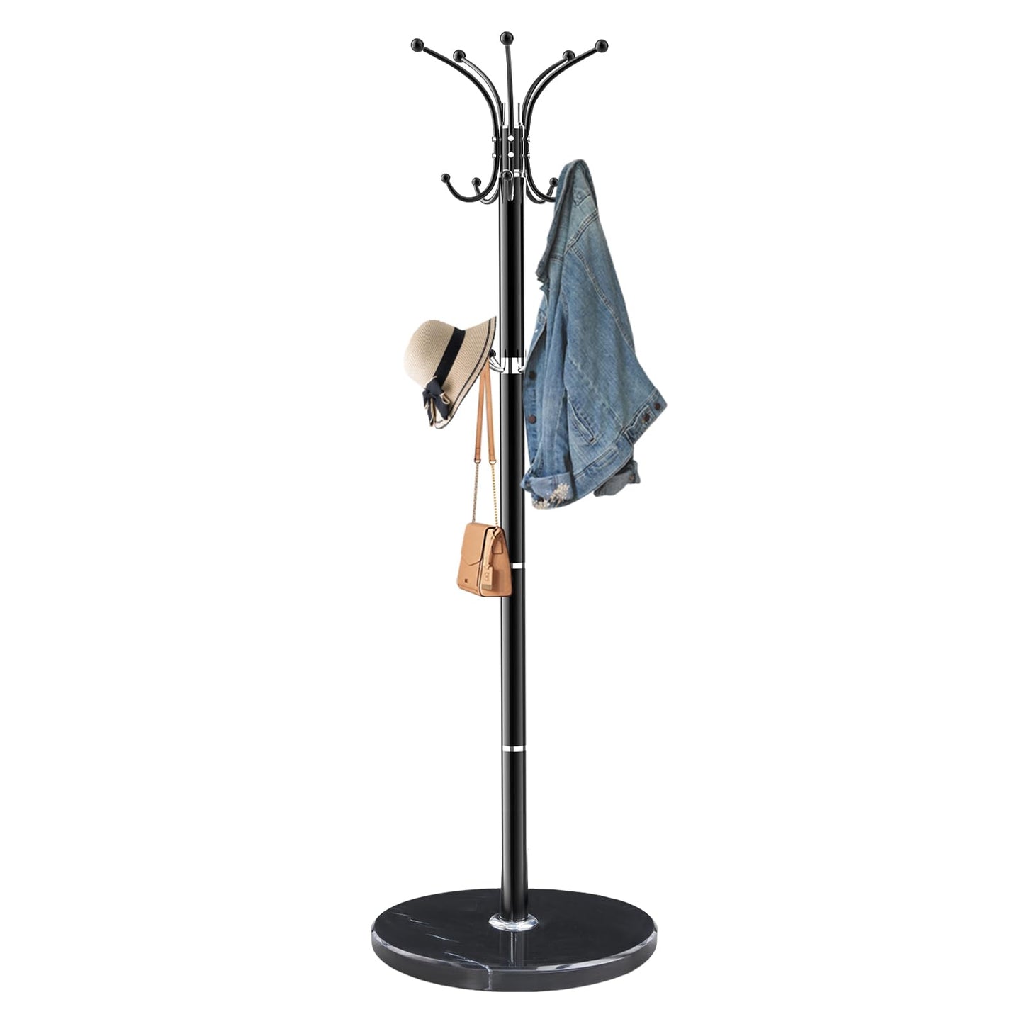 Snaikor Metal Coat Rack Stand with Natural Marble Base, Modern Coat Rack Freestanding, 360°Rotary Coat Racks with 14 Hooks