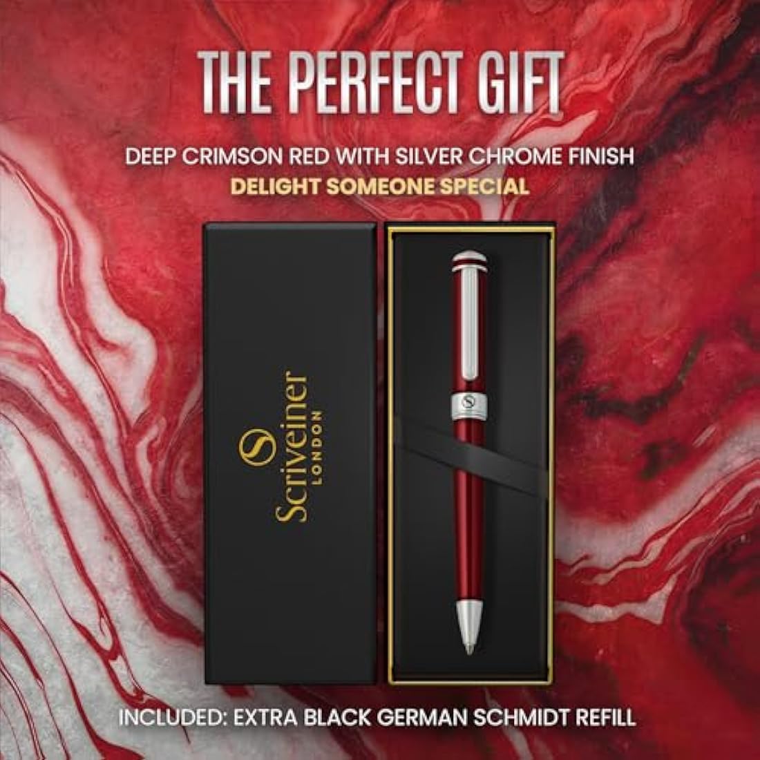 Scriveiner Deep Crimson Ballpoint - Stunning Red Lacquer Luxury Pen, Chrome Finish, Schmidt Black Refill, Best Ball Pen Gift Set for Men & Women, Professional Executive Office