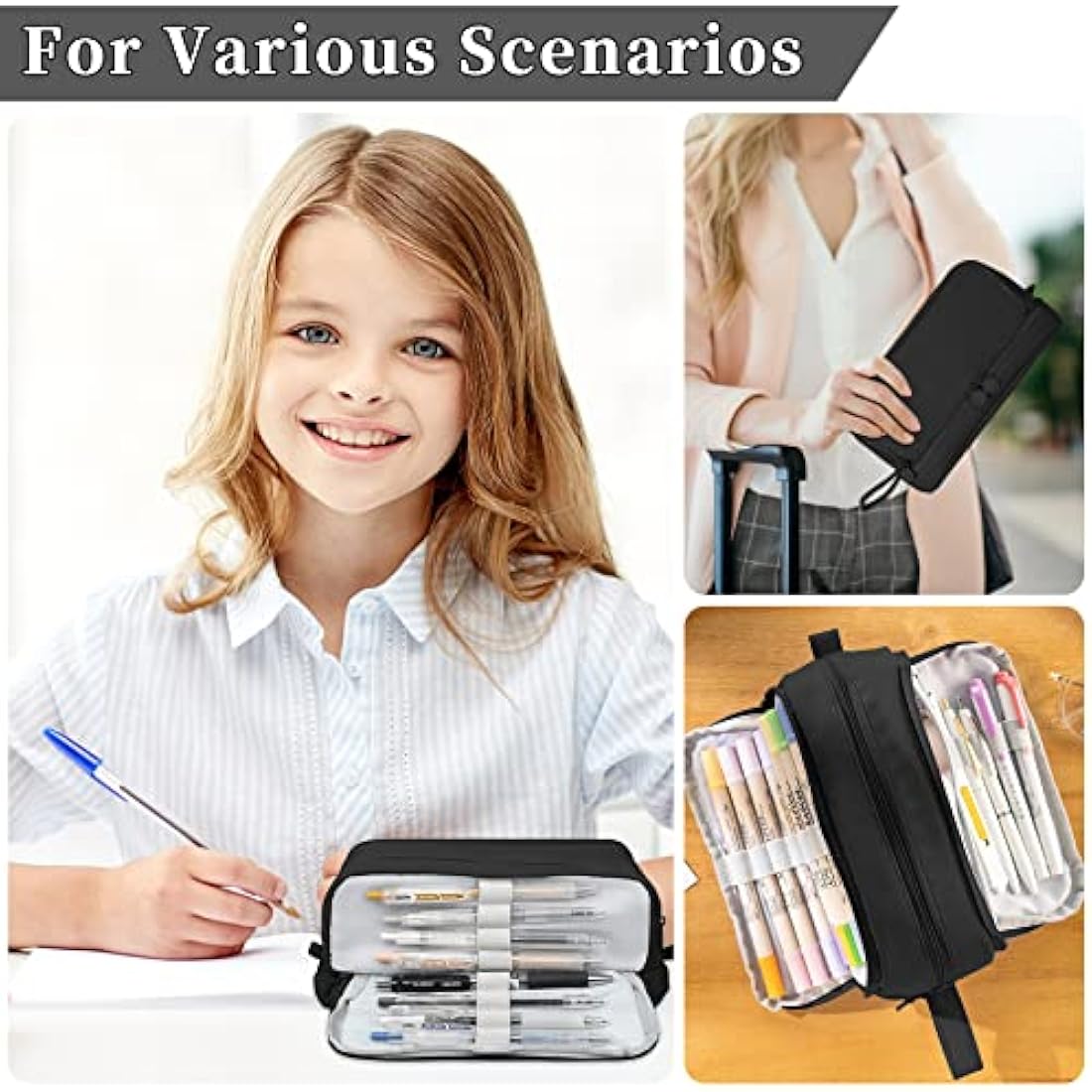 Tesmien Pencil Case, Large Pencil Case with 4 Compartments Stationery Organizer for Boys and Girls, Aesthetic Pencil Bag Suitable for Kids Teenagers Students Women Men, Black