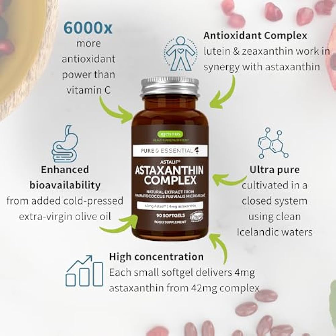 Astaxanthin Complex, 42mg Microalgae Complex Oil Providing 4mg H. Pluvialis Astaxanthin, 90 Vegan Softgels, by Igennus