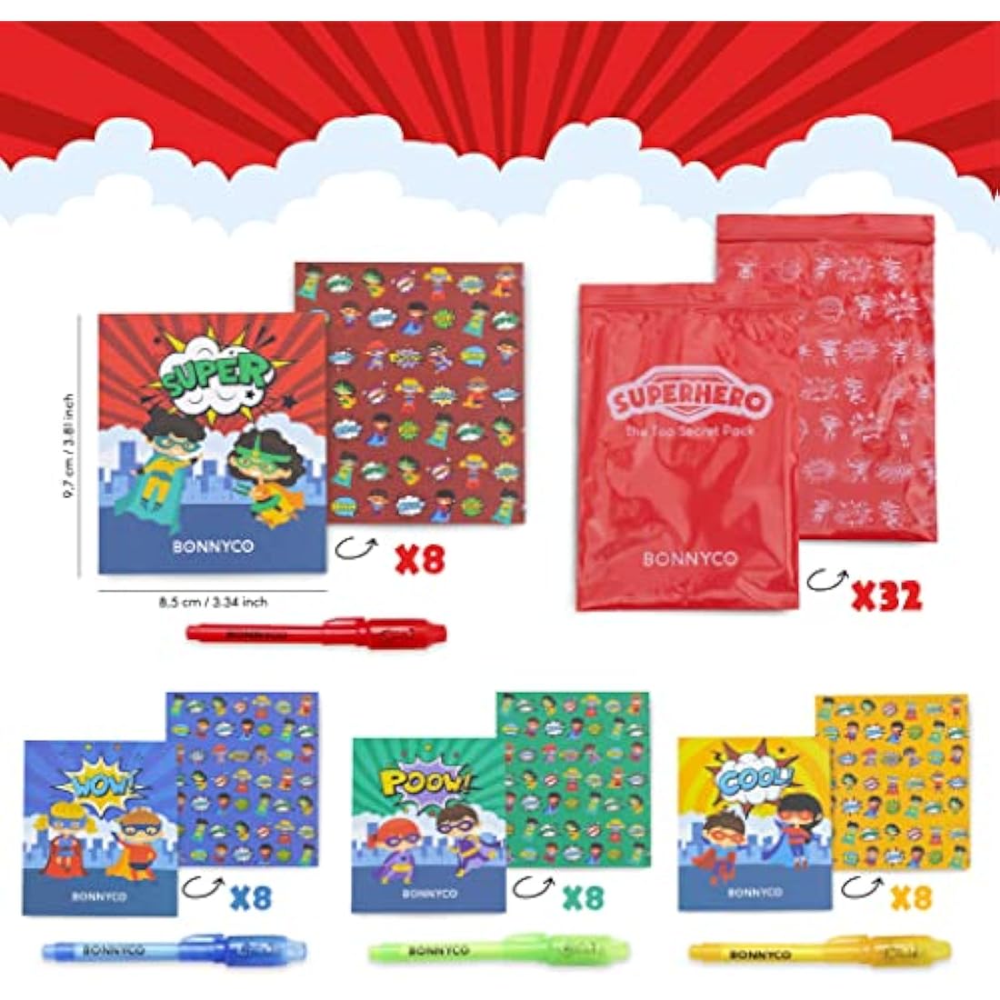 BONNYCO Invisible Ink Pen and Notebook, Pack 32 Superhero Superhero Party Bags Fillers, Pinata Toys | Birthday Decorations | Stocking Fillers for Kids Birthday | School Prizes, Gifts for Children