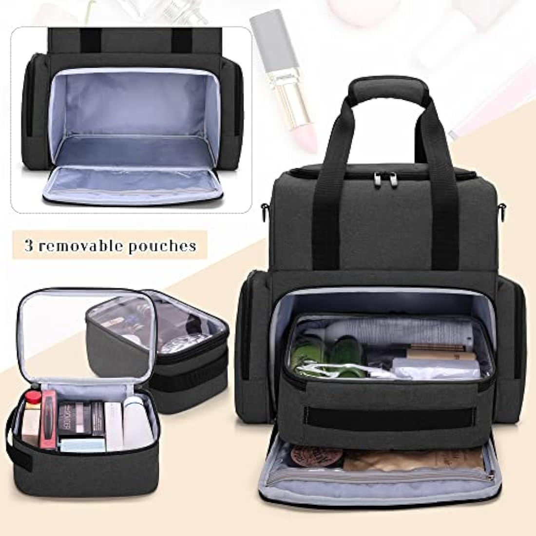 BAFASO 2 Layers Travel Makeup Bag with 3 Inner Removable Pouches, Cosmetic Bag with Detachable Dividers (Patented), Black