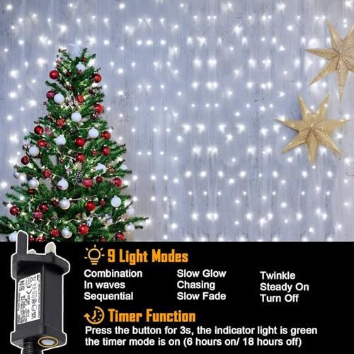 yowin Curtain Lights 600 LED 6m x 3m Gazebo Lights Mains Powered with Timer, 8 Modes Curtain Fairy Light Outdoor Waterproof Wall Hanging Light for Pergola Indoor Bedroom Wedding Decorations - White