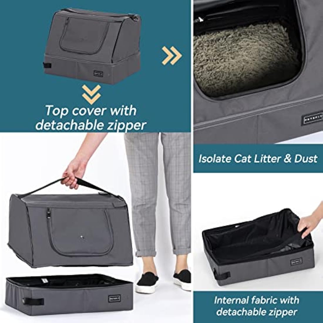 PETSFIT Travel Litter Box for Cats - Removable and Washable 2-Layer Leak-Proof Lining, Scratch-Resistant Fabric with Sturdy Support Frame, Portable Litter Box, Lightweight Gray