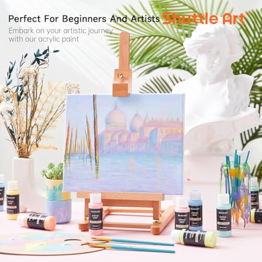 Shuttle Art 40 Pack Pastel Acrylic Paints Set, 30 Colours with 10 Paint Brushes, 60ml/2oz Bottle, High Viscosity, Waterproof for Painting & Crafting on Canvas, Rock, Ceramic, Fabric