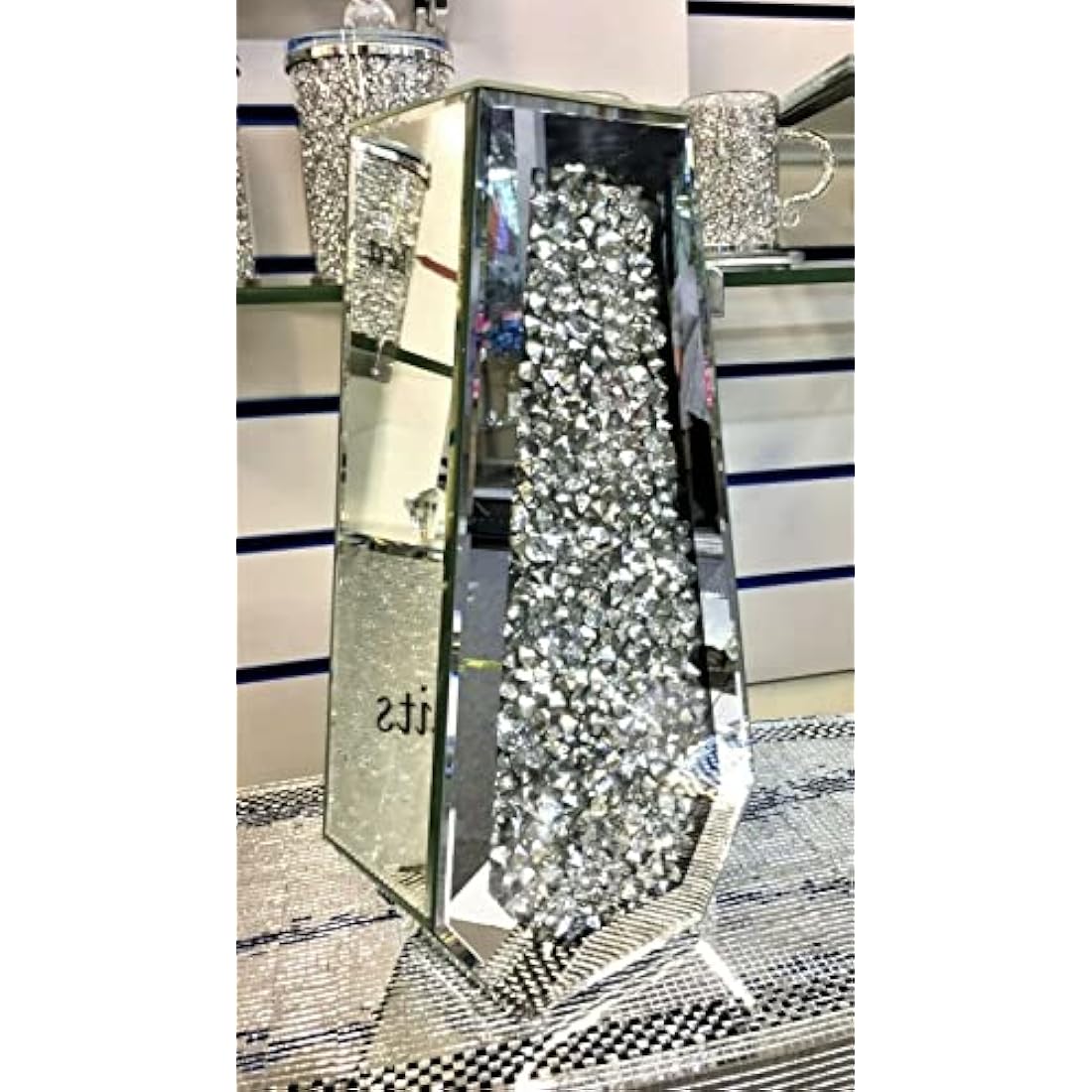 Biznest Large 40Cm Sparkle Diamond Crushed Crystal Sparkly Silver Mirrored Floor Vase Cuffin Shape