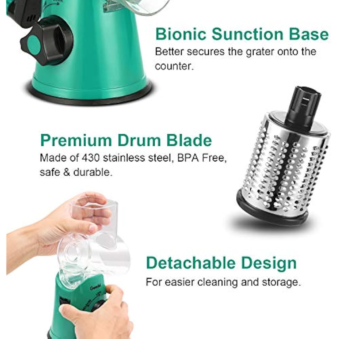 Rotary Cheese Grater, Vegetable Slicer with Three Drum Blades, Grater for Kitchen Faster and Easy Cutting, Rotary Drum Grater Ideal for Cheese, Cucumber, Carrot, Nuts, etc.