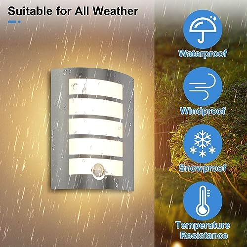 Wondlumi Outdoor Wall Lights Mains Powered PIR Motion Sensor Stainless Steel IP44 Waterproof Outside Light for Porch, Incl. 1x 12W LED E27 Bulbs Warm White
