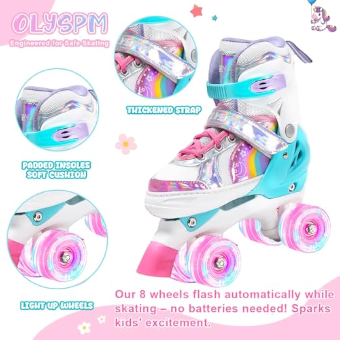 OLYSPM Kids Roller Skates for Girls Boys Pro 4-Size Adjustable, Roller boots With 8 Light Up Wheels, Beginner safe Children's Quad Skates - Ideal Christmas Birthday Gift