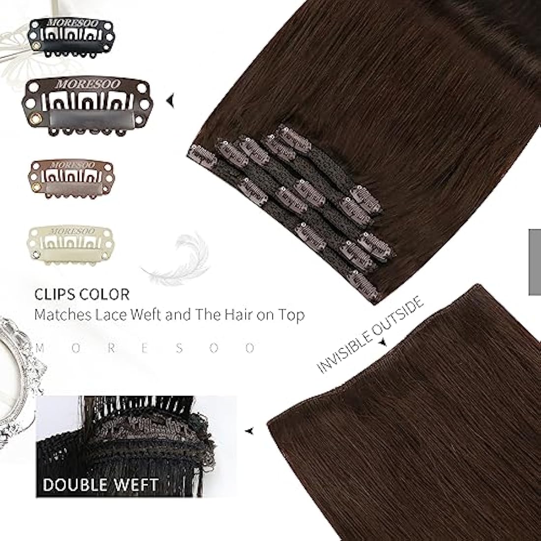Moresoo Clip in Hair Extensions Real Human Hair 14 inch Dark Brown Hair Extensions Clip in Real Human Hair Short Bob for Women Adding Volume Natural Look Daily Use 5 Pieces/80G #4