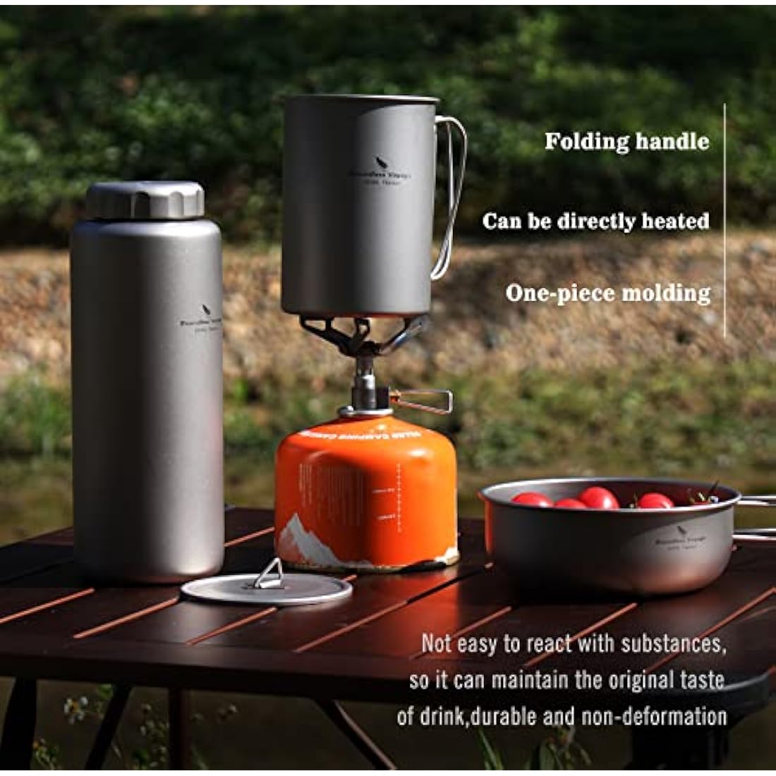 iBasingo 1050ml Titanium Bottle with 600ml Nesting Cup Outdoor Camping Single Layer Wide Mouth Cookware Lightweight Portable Big Capacity Bottle Mug Set Hiking Picnic Solo Cooking Mess Kit Ti3007D