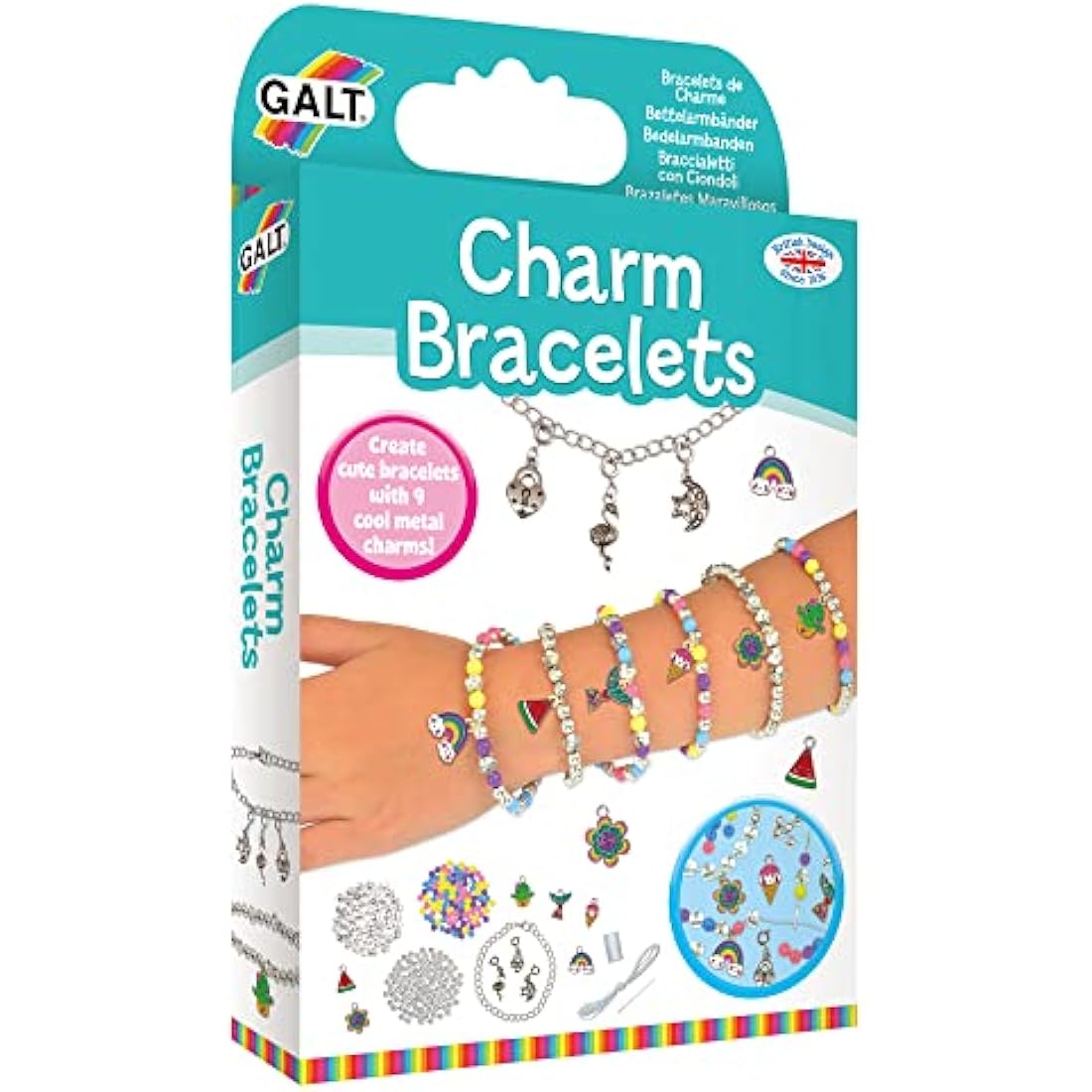Galt Charm Bracelets - Fun Bracelet and Jewellery Making Kit - Craft Kit for Kids with Colourful Beads and 9 Clip-On Metal Charms - Childrens Arts and Crafts Set Makes 7 Bracelets - Ages 8 Years Plus