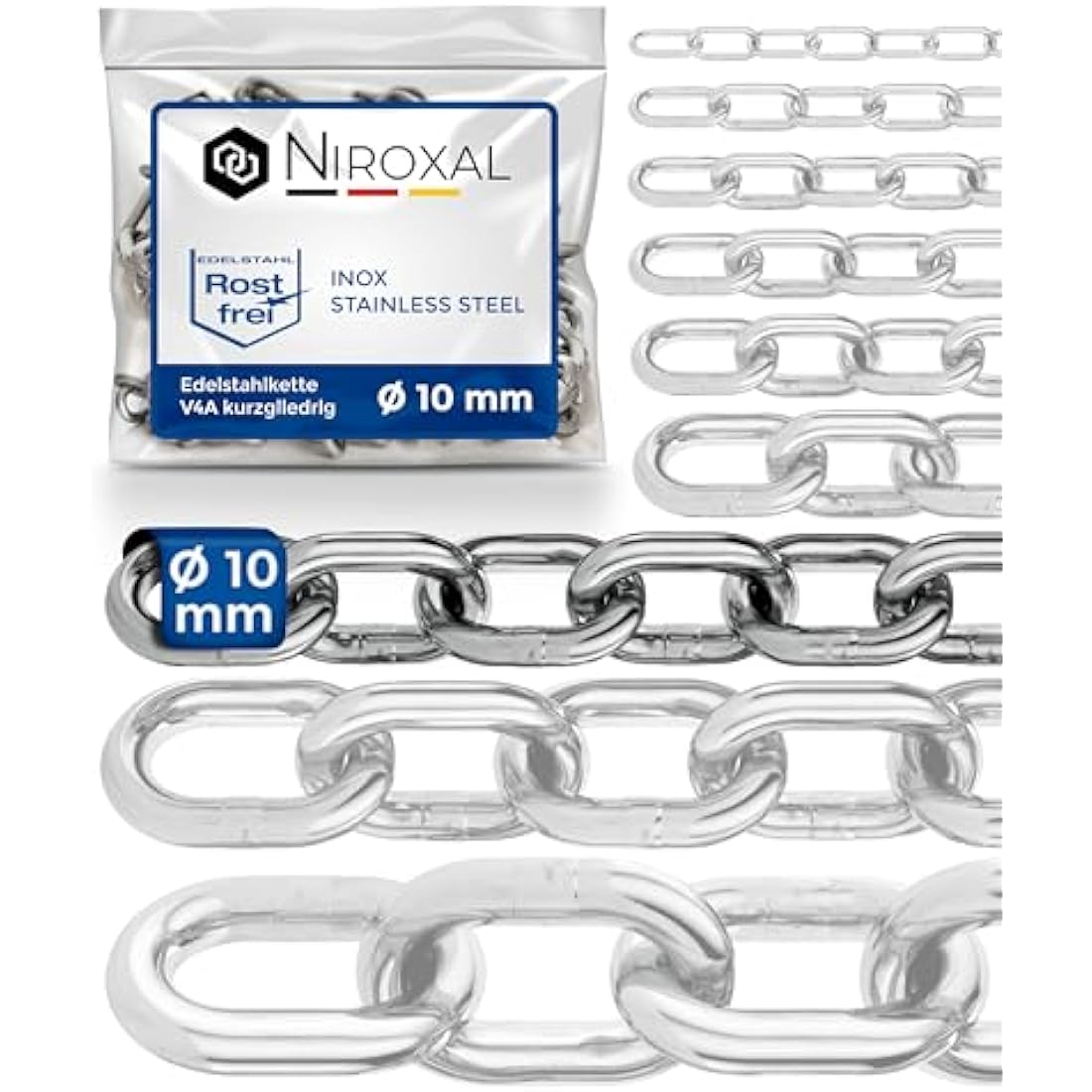 4-Meter 10-mm Thick Stainless Steel Chain V4A Short-Linked from NietFullThings on Piece Anchor Chain DIN 5685 DIN 766 4-m