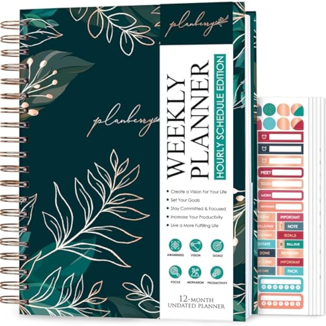PLANBERRY Large Hourly Schedule Planner Premium – Undated Organizer for Productivity, Time Management & Budget, 20x27cm (Green Pastures)