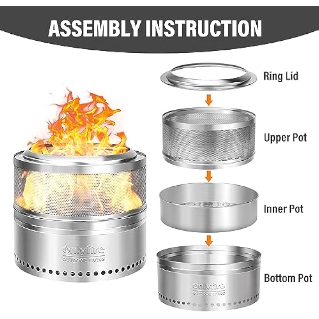 Onlyfire Φ50 cm Smokeless Fire Pit Wood Burning with Holes, Stainless Steel Portable Outdoor Bonfire Stove with Carrying Bag