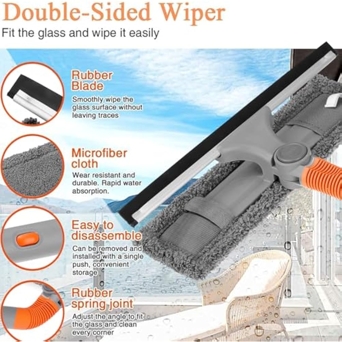 Baban Squeegee Window Cleaner 2 in 1 Window Cleaning Tool with 1 Elbow- and 7 Straight Extension Pole