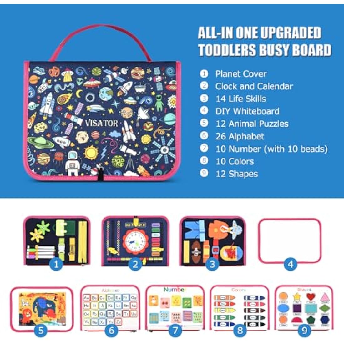 Busy Board Montessori Toys For 1 2 3 4 5 6 Year Old Girls Boys Sensory Toys For Toddlers Preschool Educational Learning Toys Activity Board For Fine Motor Skills Kids Gift Airplane Car Toy (Dark blue)