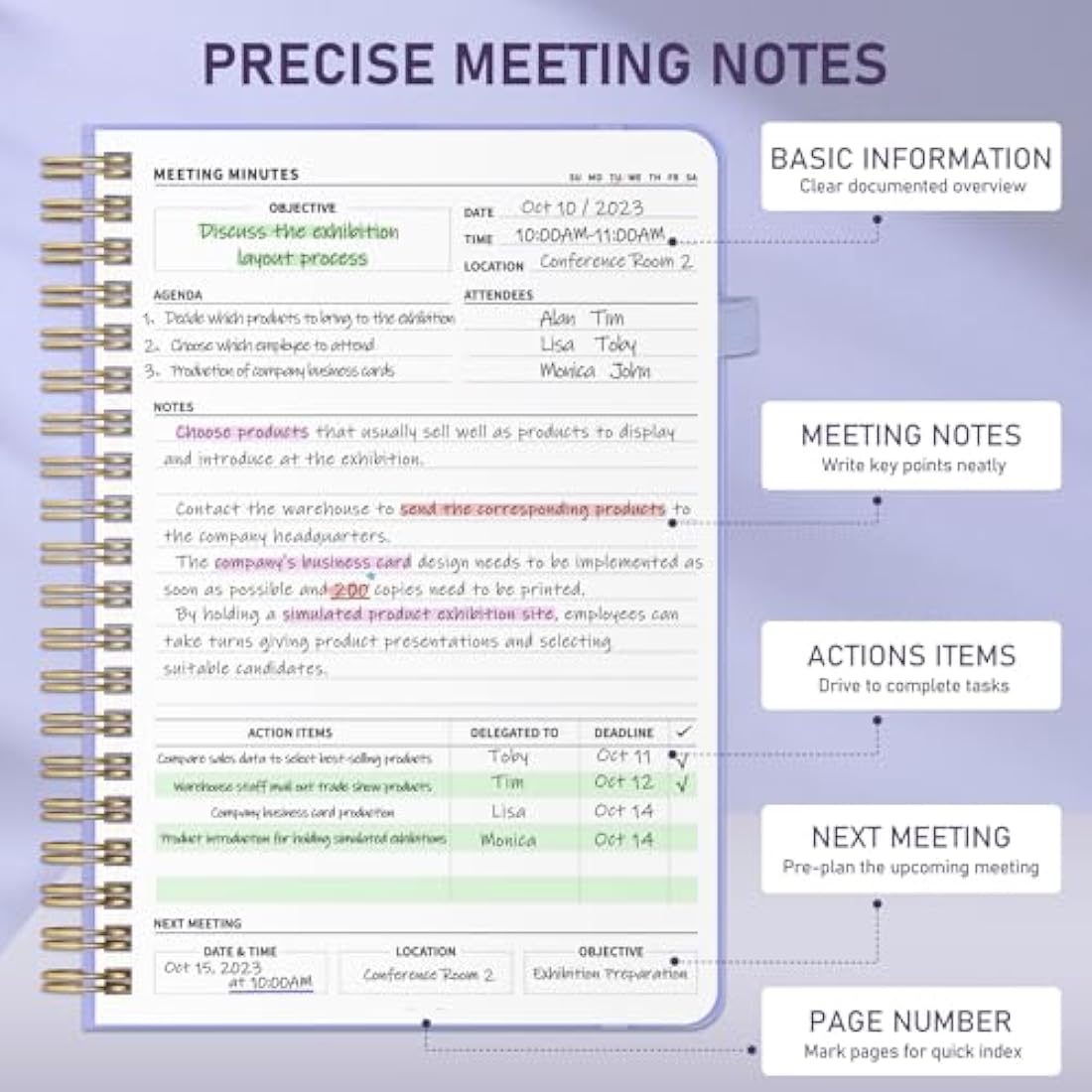 WEMATE Meeting Notebook B5 (7"x10") - PU Leather Planner Notebook with Agenda, Action Items & Notes - 200 Pages for Men&Women, Staff and Students, Meeting, Projects Planning - Light Purple