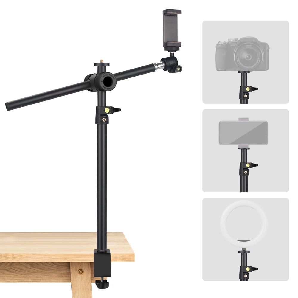 JEBUTU OS01 Camera Desk Mount with Flexible Overhead Boom Arm, 32.5-55cm Adjustable C-clamp Tabletop Light Stand with 1/4" Ball Head for Smartphones,