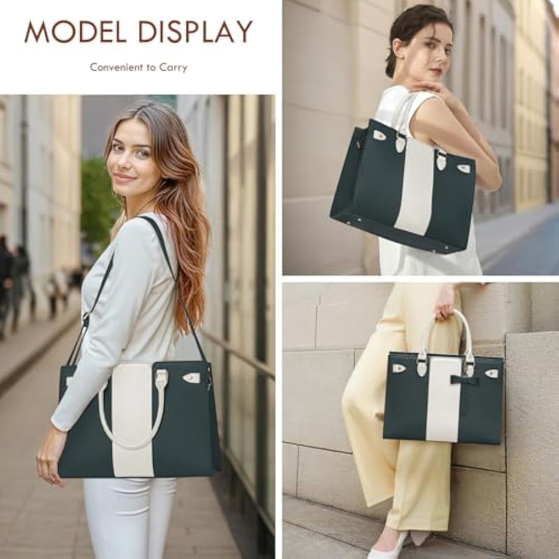 RAINSMORE Laptop Bags for Women PU Leather Work Bags for Women Tote Bag Large Handbag Shoulder Bag for Office Bussiness 15.6 Inch Dark Green and Beige