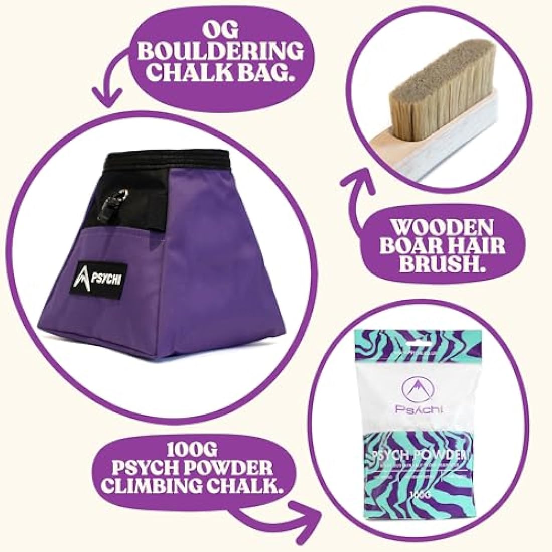 Psychi OG Climbing Chalk Bag Bucket Bundle - Starter Pack for Rock Climbing, Gym, Weightlifting - 7 Fun Colour Options - Includes Chalk Bucket, Loose Climbing Chalk & Bouldering Brush