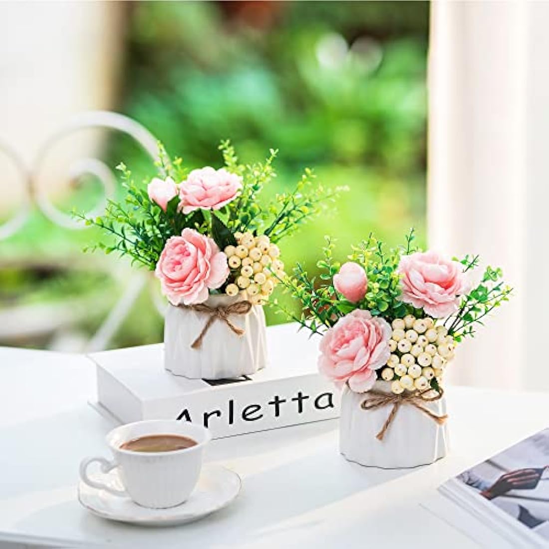 BLOSMON Artificial Flowers and Vase Decoration Fake Flower in Vases 2PCS Pink Plastic Rose Arrangements Table Floral Centrepieces Ornaments Plant Bouquet for Wedding Room Window Garden Party Display