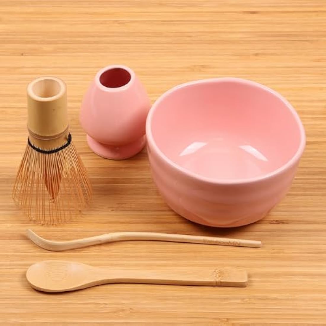 BambooMN Brand - Matcha Bowl Set (Includes Bowl, Rest,Tea Whisk, Chasaku, & Tea Spoon) 1 Set Pink