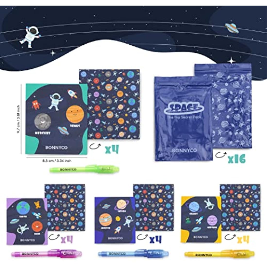 BONNYCO Invisible Ink Pen and Notebook, Pack 16 Space Party Bag Fillers for Kids, Pinata Toys | Birthday Decorations | Stocking Fillers for Kids Birthday | School Prizes, Space and Universe Gifts
