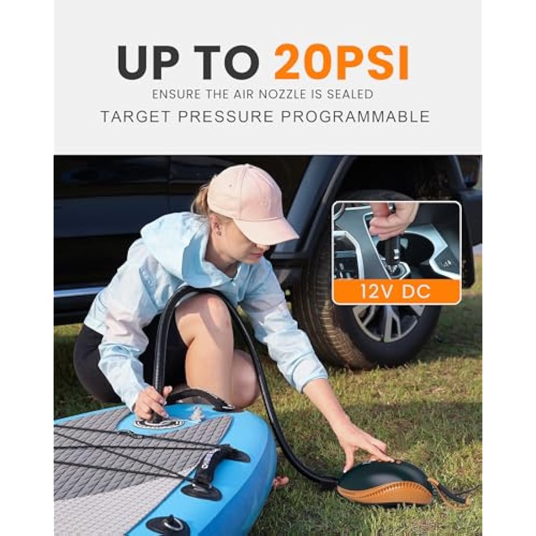 OutdoorMaster 20PSI Electric SUP Pump Paddle Board Pump The Dolphin - Quick Air Inflator & Auto-Off, 12V DC Car Connector for Inflatable Stand Up Paddle Boards, Boats, Water Sports