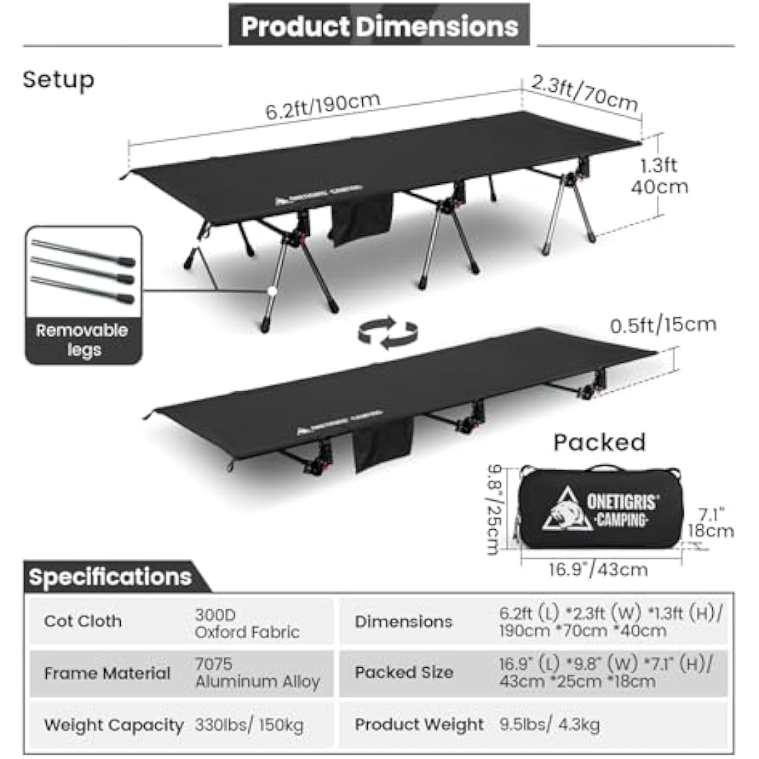 OneTigris SUPRANUBIS Camping Cot, Height Adjustable with Cot Leg Extenders, Strong Support 330lbs, Portable Folding Bed for Camping, Hiking, Travel, Truck, Beach, Office Nap (Black)