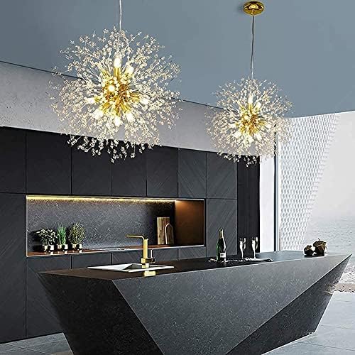 Modern Crystal Dandelion Pendant Lights Ceiling Gold Firework Chandeliers, G9 Lamp Alloy Fixtures With 8 Bulb and 32 Strings Crystal, for Living Room, Bedroom, Dining, Foyer, Bar(Warm light, Gold)