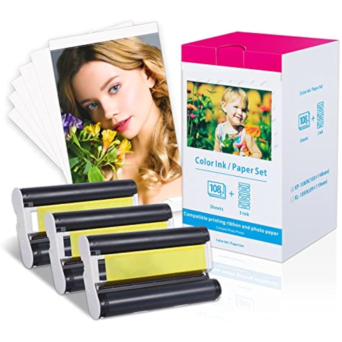 Compatible Canon Selphy CP1500 Ink and Paper for Selphy Photo Printer CP1500 CP1300 CP1200 CP910 CP800 CP780 4x6 inch 10x15cm, KP-108IN 3xKP-36IP Photo Paper 108 Sheets and 3 Colour Ink Cassette