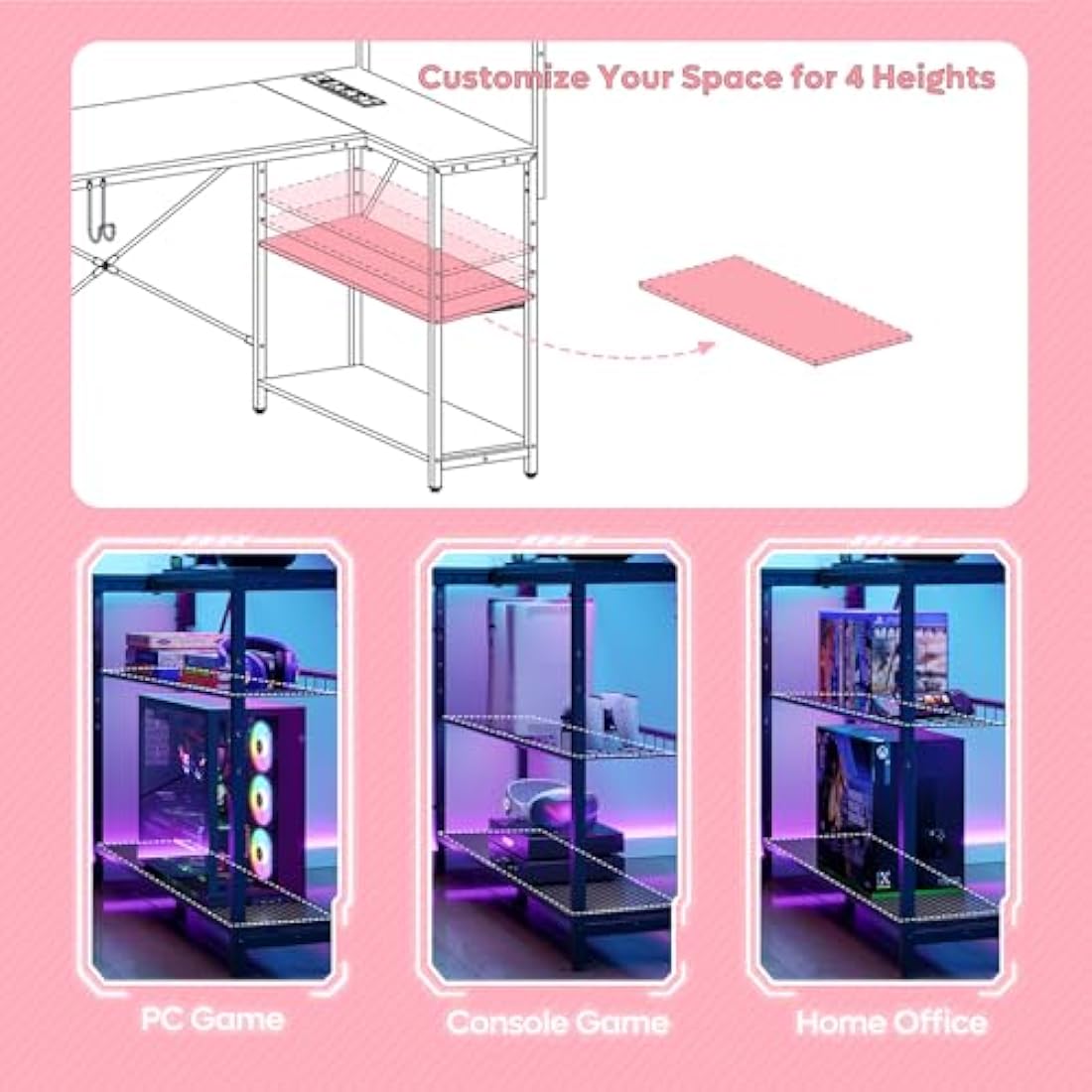 Bestier L-Shaped Gaming Desk with Power Outlets, LED Workstation with 4 Tiers Shelves for Home Office, Gamer Reversible Table with Hooks and Cup (PDCF, 106cm)