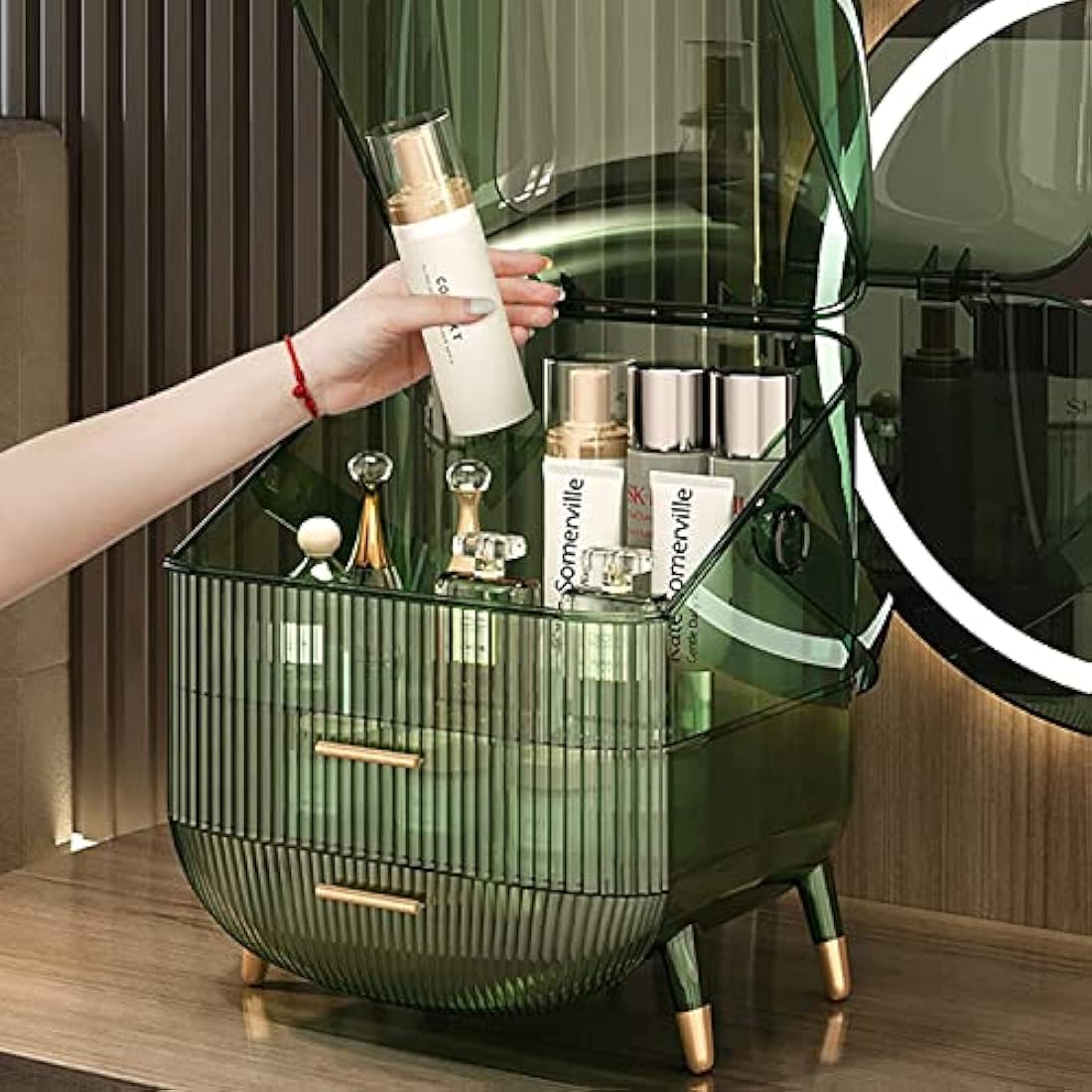 Kousee Makeup Organizer, 3 Layers Large Capacity Cosmetic Storage, Cosmetic Display Case with 2 Storage Drawers, Cosmetic Organizer for Bathroom Counter, Vanity Countertop, Bedroom-Retro Green
