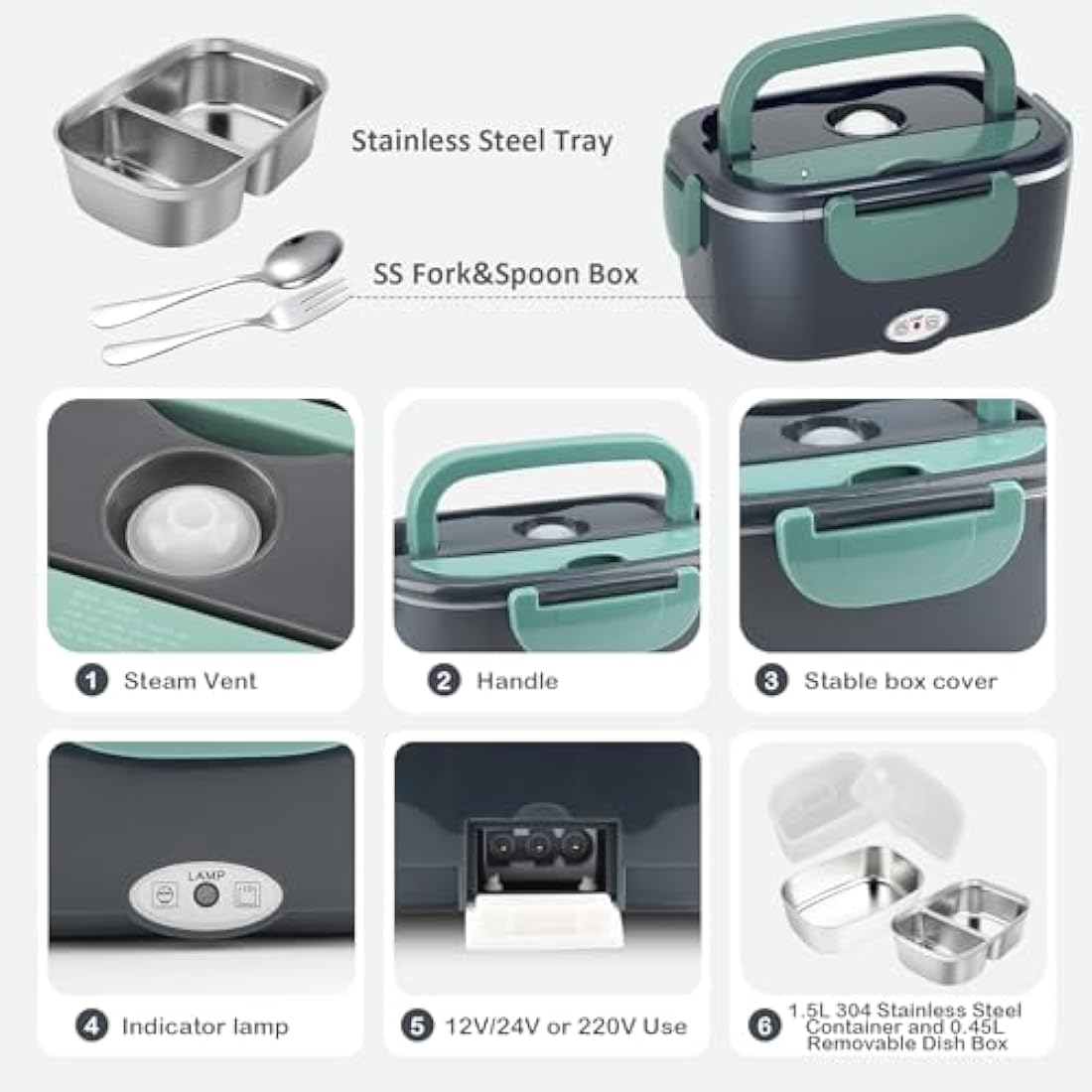BYbrutek Electric Lunch Box 100W, 1.5L Removable Stainless Steel, 3-in-1 Portable Heated Lunch Box, 12V/24V/220V Insulated Heat Box for Car/Truck/Office/Home (Blue, 1.5L)