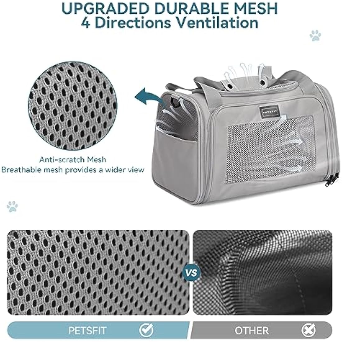 Petsfit Cat Carrier Large Up to 12KG,Pet Carrier with Extendable Fleece Mat,Dog Travel Bag Carrier with Safety Leash for Puppy for Car Use，50 * 33 * 33CM, Grey