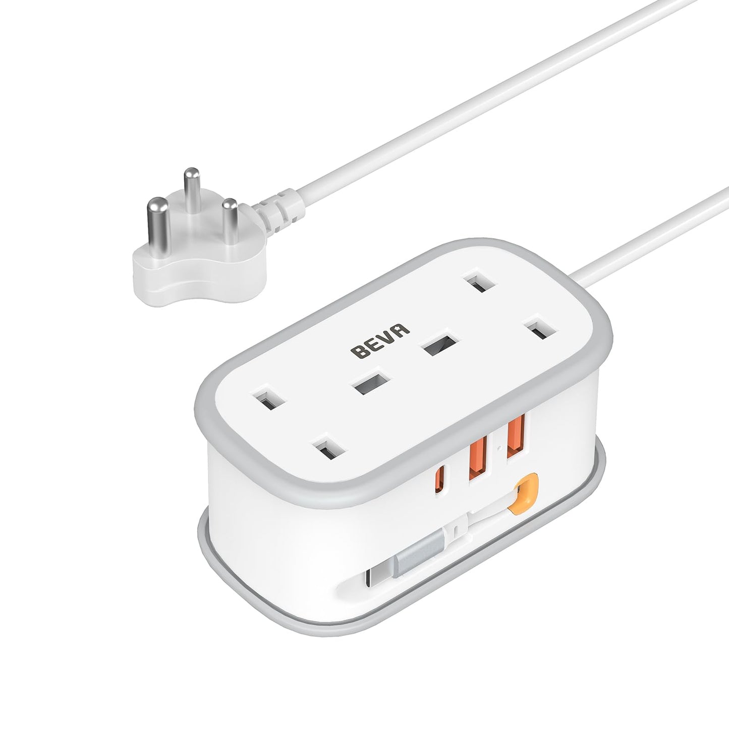 UK to India Plug Adapter with 1.5M Extension Cable, BEVA 2 Way 3 USB (2A+1C) Indian Travel Adapter with Retractable USB C Cable for Sri Lanka,