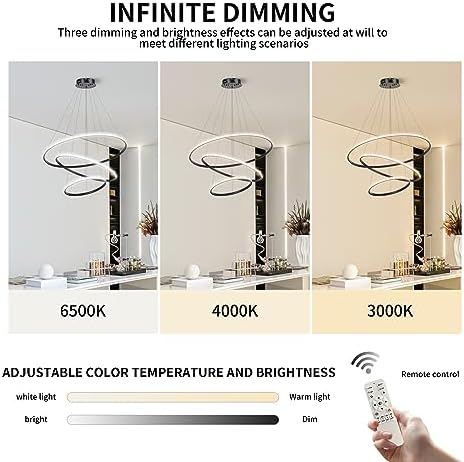 Led Pendant,Dimmable 3 Ring Acrylic Chandelier Lighting Fixture,Black Adjustable Chandeliers Ceiling Light for Kitchen Island Dining Room Living Room Bedroom Foyer Hanging 20+40+60Cm/(7.87+15.7+23.6)