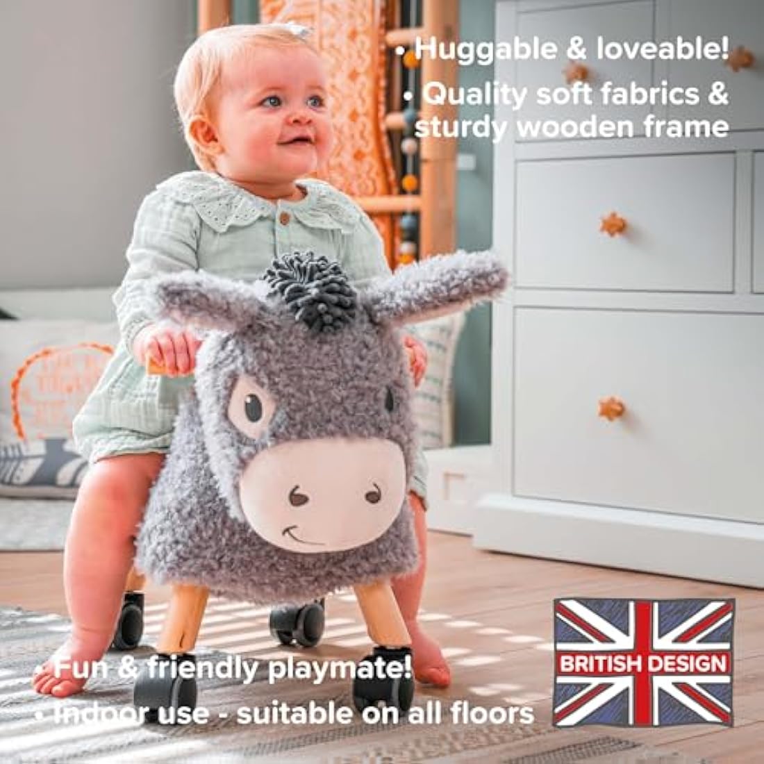 Little Bird Told Me - Bojangles Donkey Ride On Toy for Toddler 12+ Months Unisex - Soft Animal Toy on Wheels, Sturdy Wooden Frame, Wipe Clean Supportive Seat - British Brand Since 2007