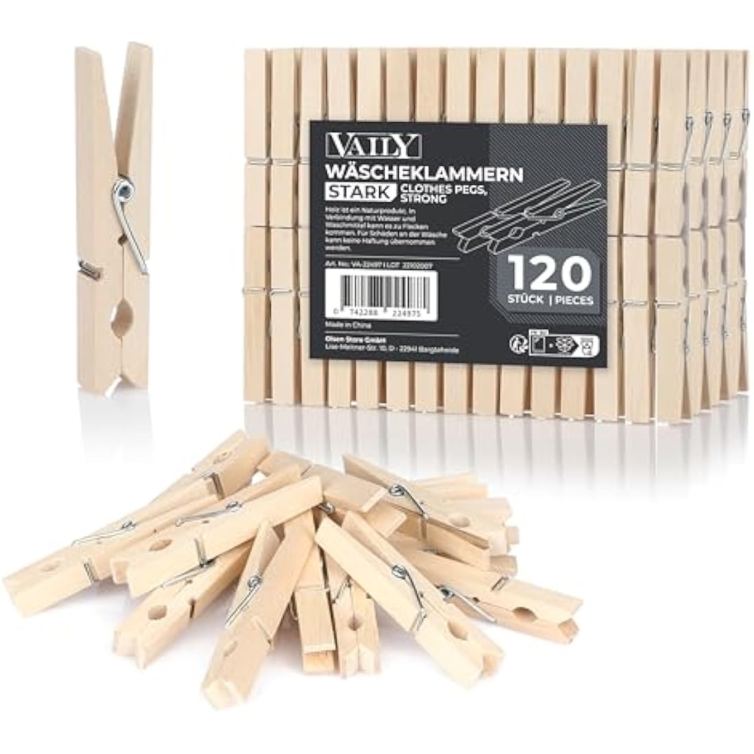 Vaily Wooden Clothes pegs - Strong Pegs with firm grip for laundry, washing line, handicrafts and decoration- Indoor and Outdoor Use - 120 pieces