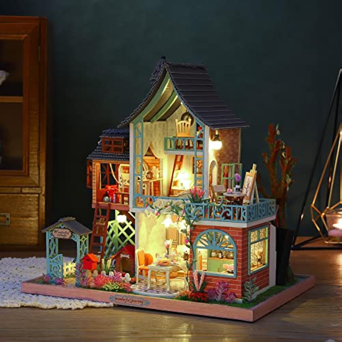 Cuteefun DIY Miniature Dolls House Kit for Adults to Build DIY Mini House Kit with Furniture Music, Make Your Own Craft House Model Father's Day(Happy Jungle Resort)