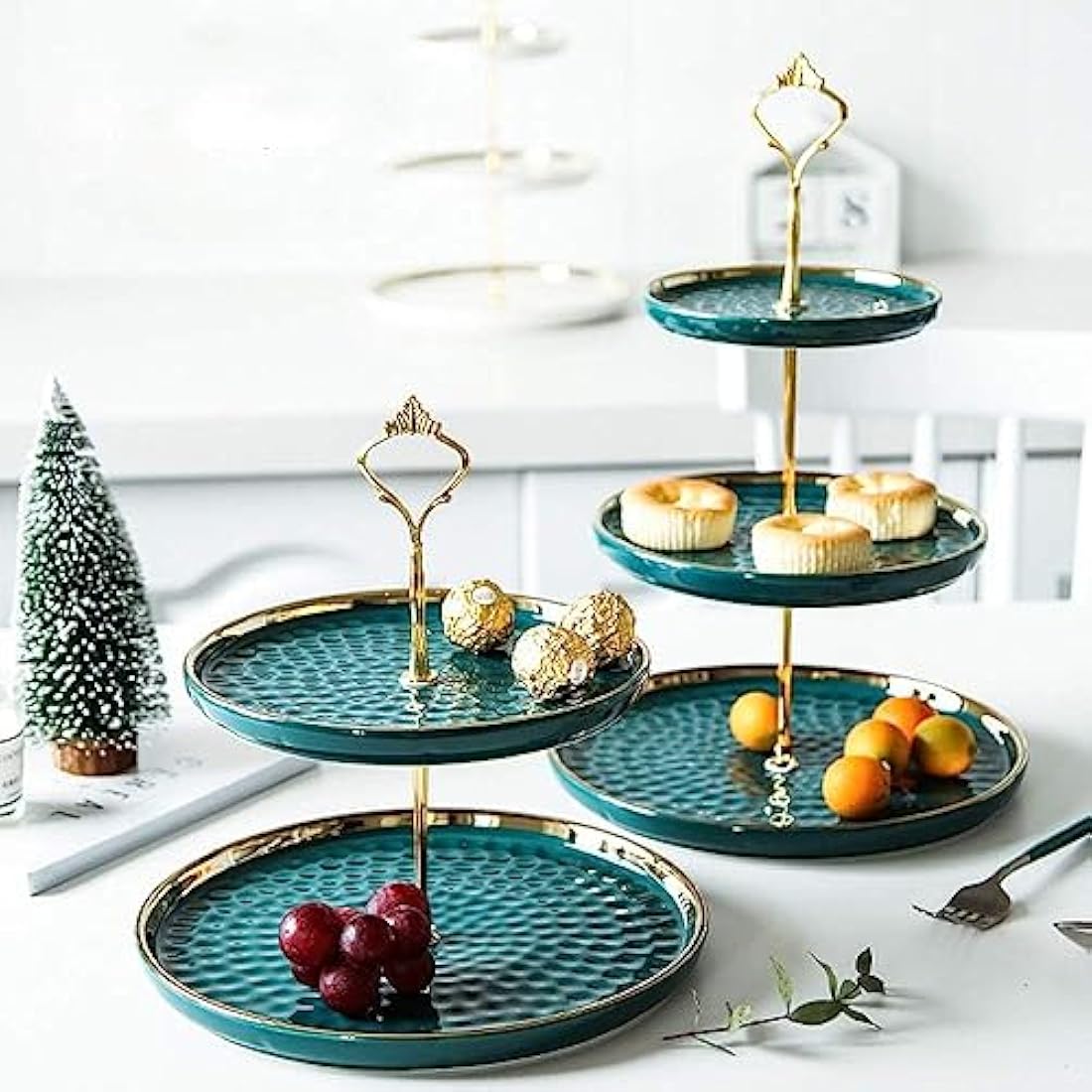 MEETOZ 2 Set of Round Porcelain Tiered Cupcake Stand, Dessert Plates Stand Tiered Serving Trays with Gold Rod, 3 Tiers and 2 Tiers Cake Stand Party Serving Trays Fruit Pastry Holders(Green)