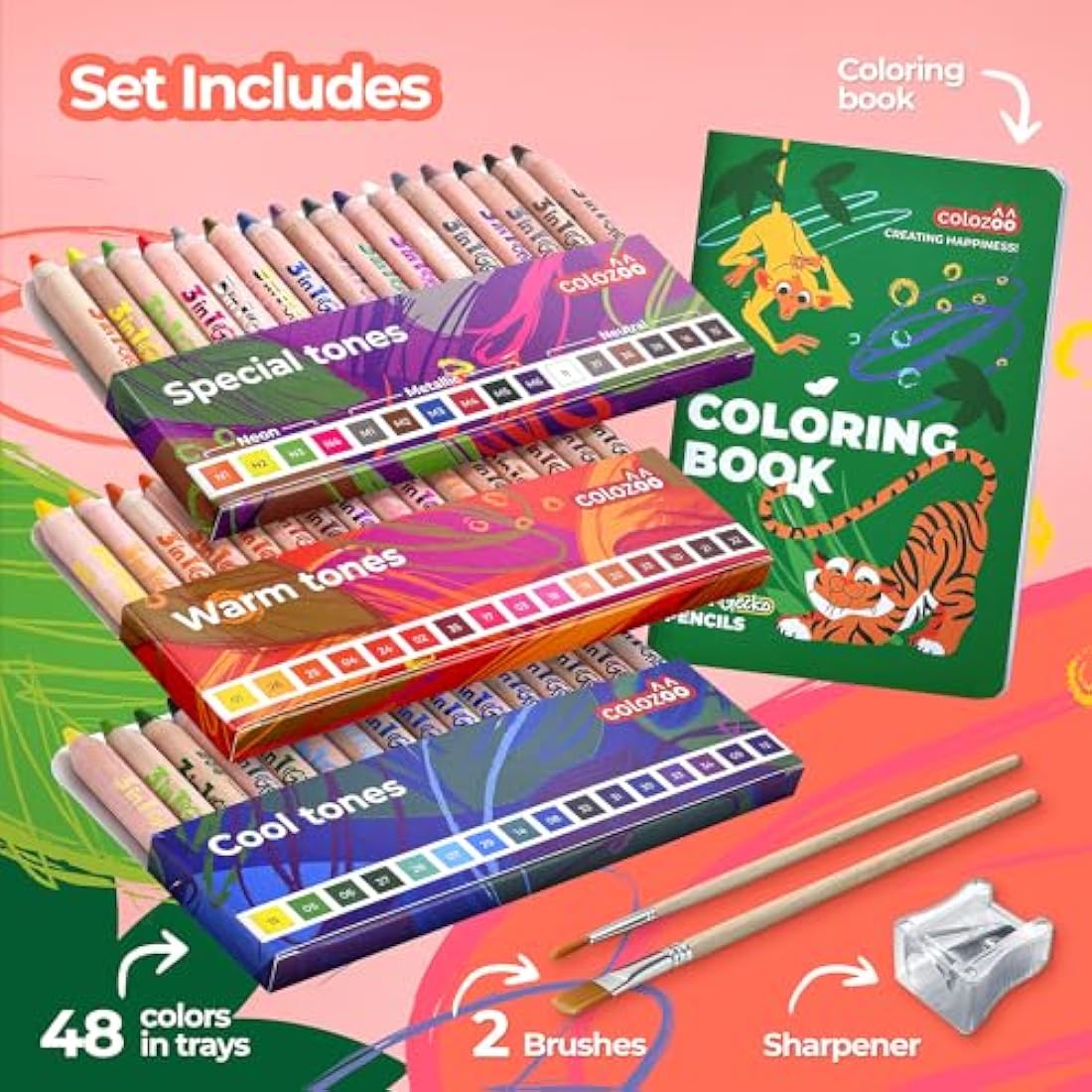 colozoo Gecko 3-in-1 Kids' Pencil Set | 48 Colouring Pencils with 2 Brushes, Sharpener, and Book for Ages 3 and Up | Ideal for Drawing and Colouring-Sets for Children