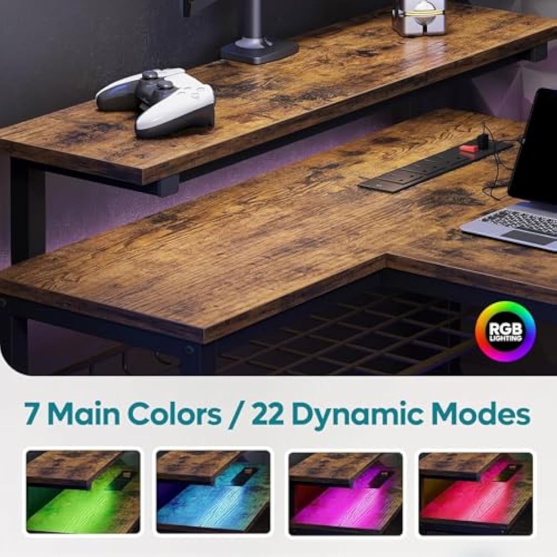 Bestier 147CM L-Shaped Desk with Power Outlets & LED Lights, Reversible Corner Computer Desk with Shelves & Hooks for Home Office or Bedroom Study