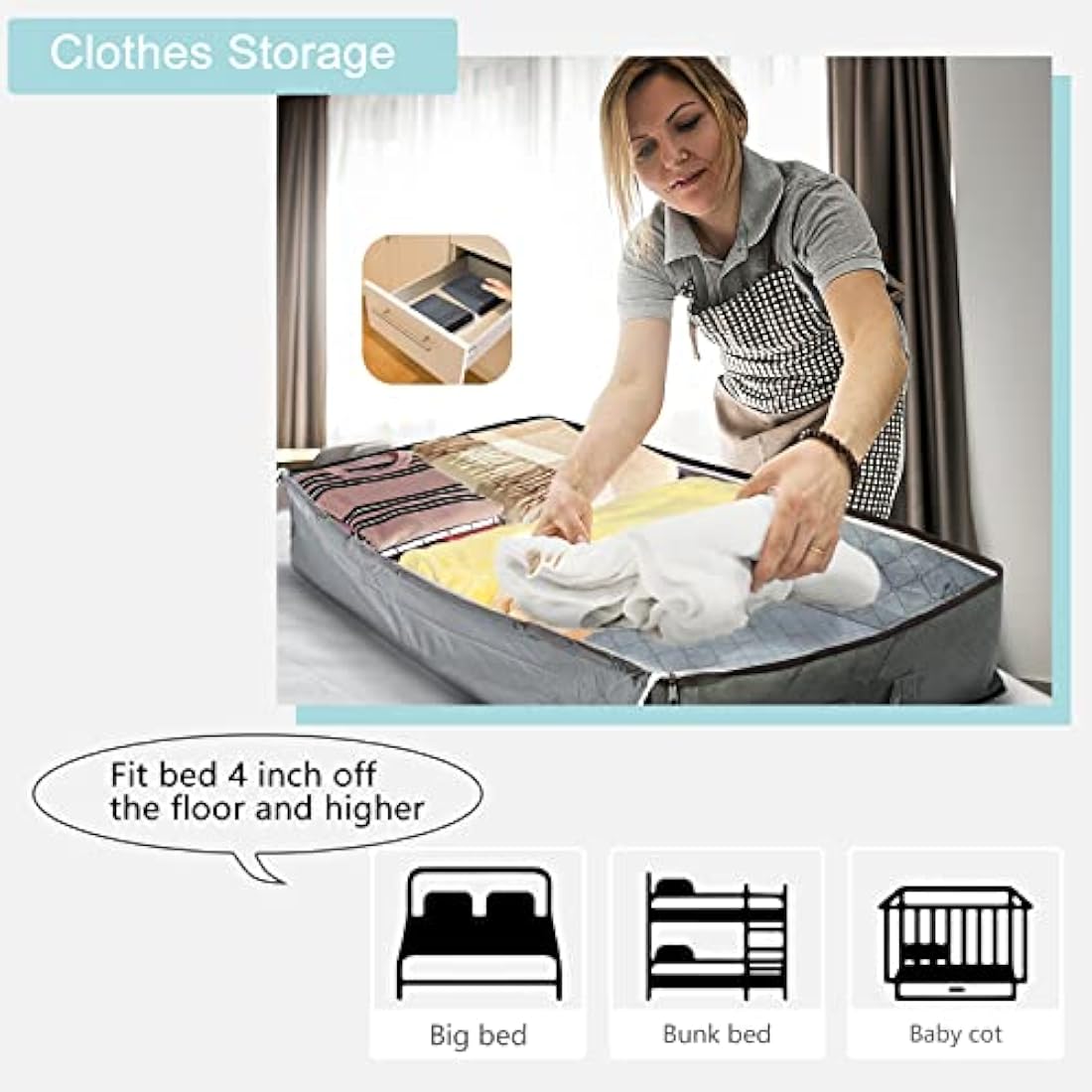 MIXC 4 Packs Underbed Storages, 100L Large Under Bed Storage Box with Lid, Storage Boxes with Lids, Storage Bags with Zip for Clothes, Comforters, Blankets, and Bedding