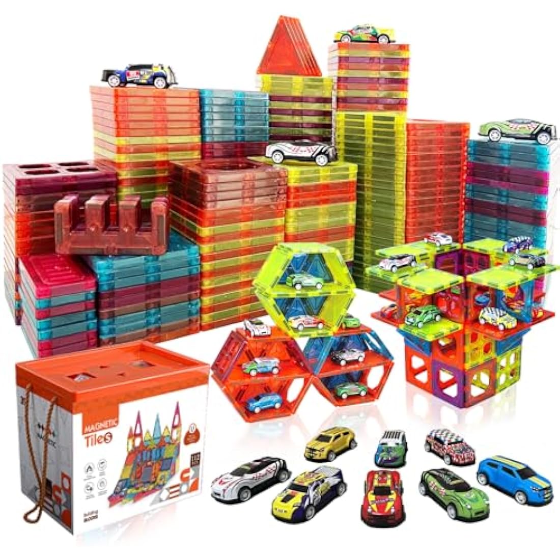 Magnetic Tiles Building Block with 10 Metal Cars for Kids Construction STEM Toy Preschool Creativity Learning Toys Christmas Birthday Gift for Girls Boys Toddlers 3 4 5 6 7 8 Years Old